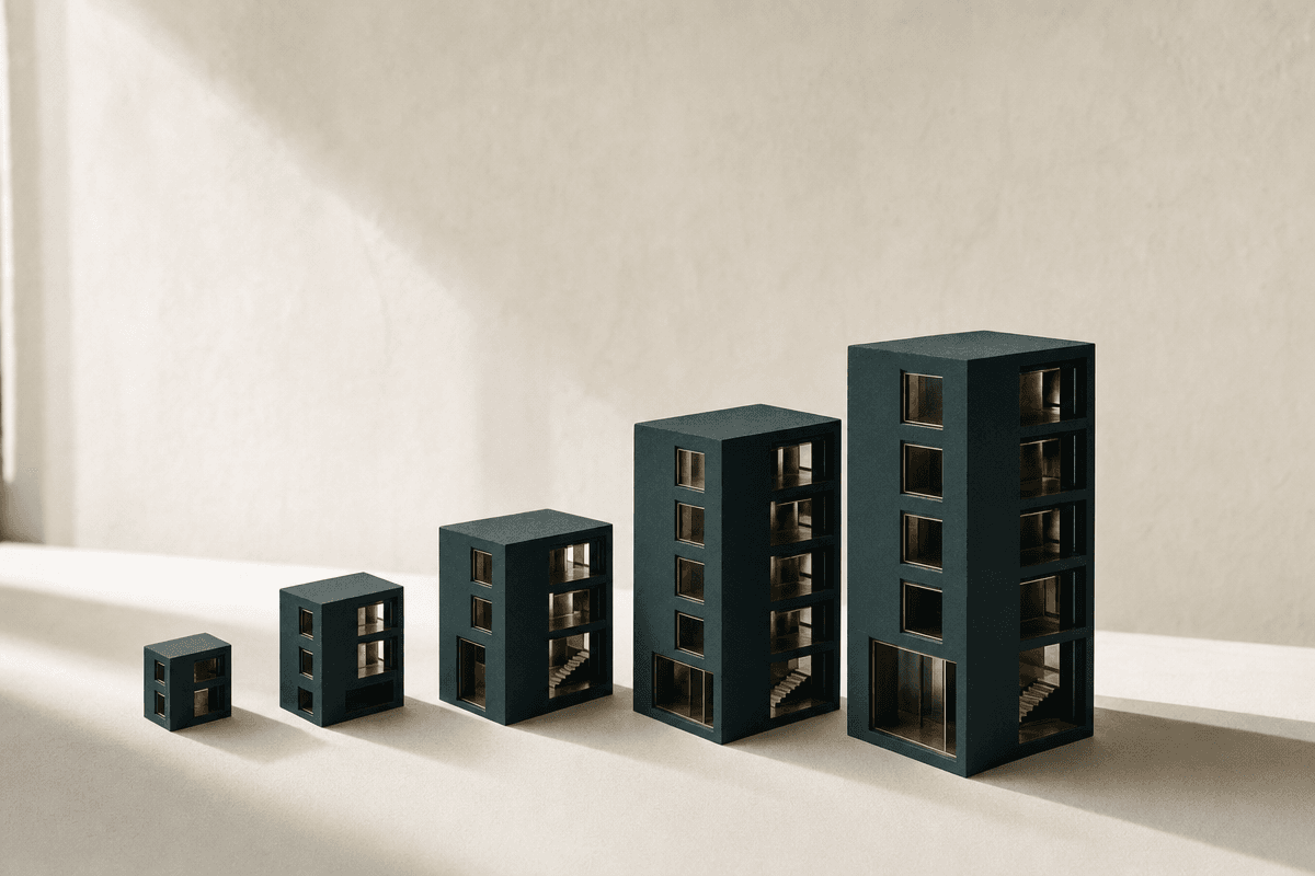 Five ascending architectural maquettes in deep teal-black, sharp shadow on warm cream.