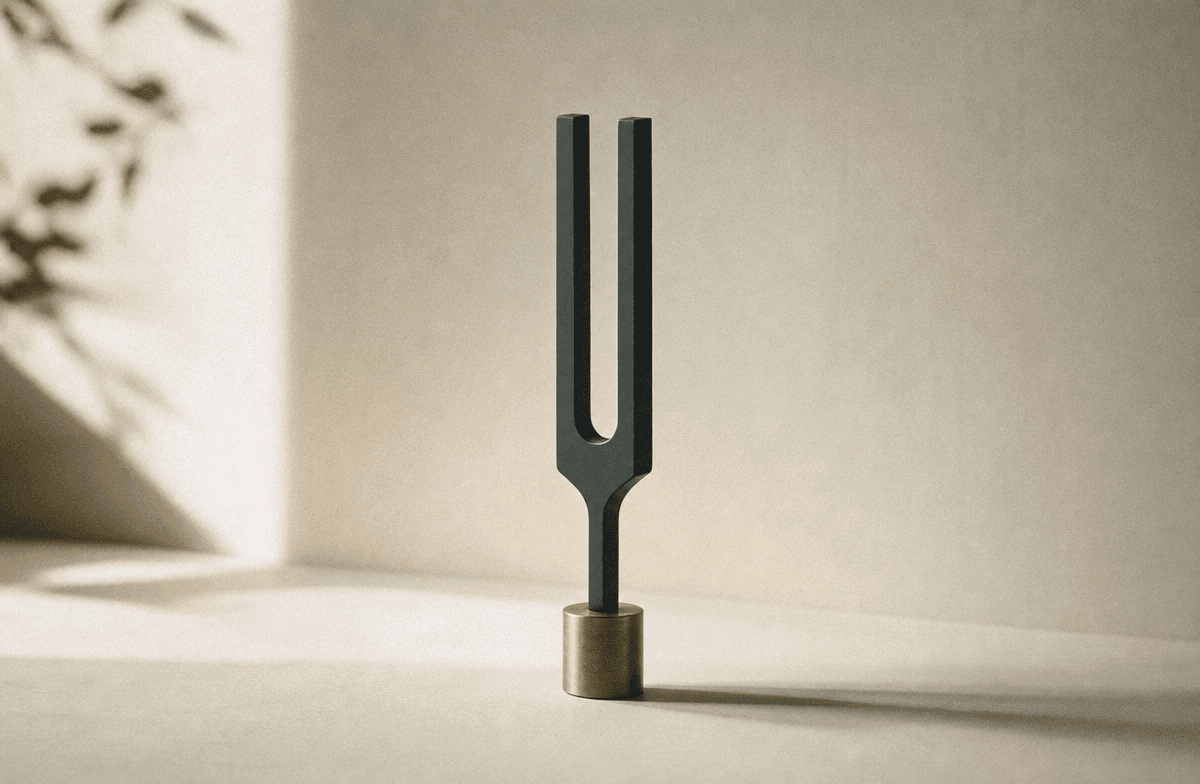 A single deep teal-black tuning fork on brass weighted base, soft shadow on warm cream — a precision instrument standing alone.